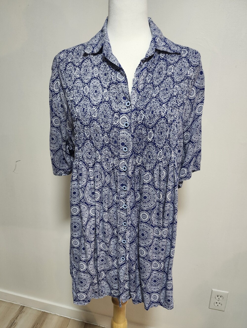 Blue Sky Blue and White Button-Front Printed Blouse